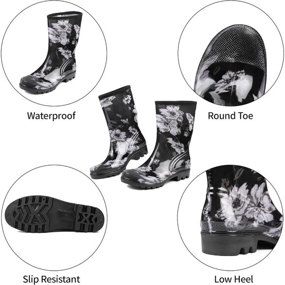 Women's White Flower Lightweight Rubber Fashion Wide Calf Waterproof Rain Boots - Picture 6 of 6